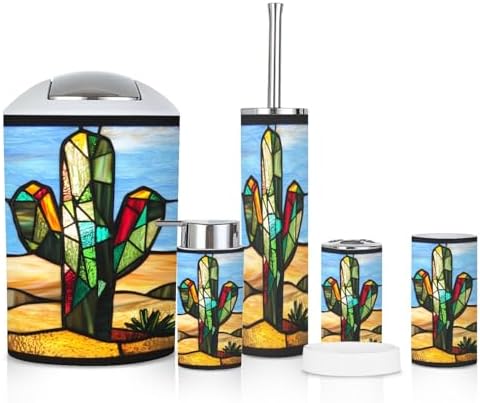6 Piece Bathroom Accessories Set Stained Glass Cactus Decor