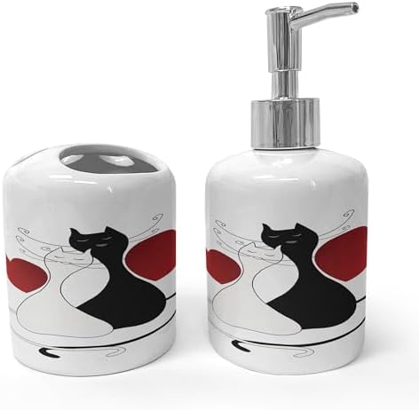 Ambesonne Romantic Cats Soap Dispenser Toothbrush Holder Set