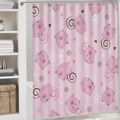 Kuizee 4-Piece Pig Spiral Pink Shower Curtain Set with Non-Slip Rugs