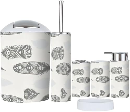 6 Pcs Bathroom Accessories Set with Feather Silhouettes Design