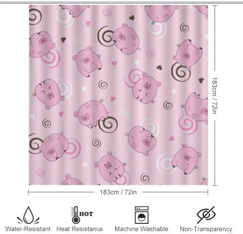 Kuizee 4-Piece Pig Spiral Pink Shower Curtain Set with Non-Slip Rugs