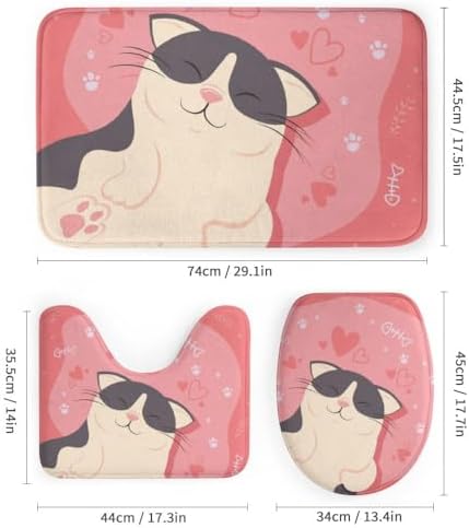 Kuizee 4-Piece Little Cat with Hearts Shower Curtain Set