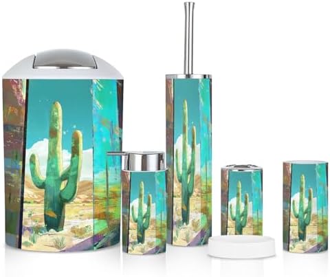6-Piece Boho Bathroom Accessories Set with Cactus Design