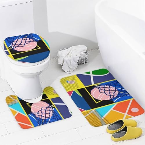 Kuizee 4-Piece Basketball Court Shower Curtain Set with Rugs