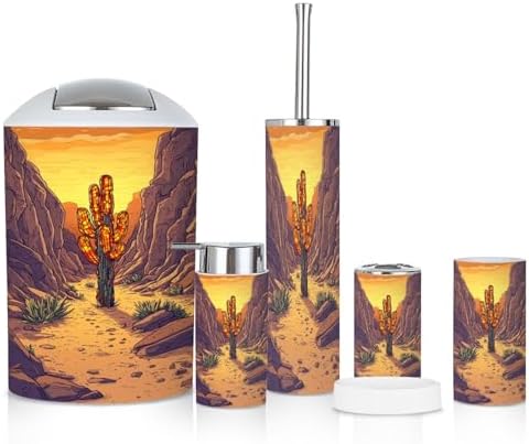6 Piece Boho Bathroom Accessories Set with Cactus Stained Glass Design