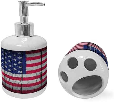 Ambesonne USA Ceramic Soap Dispenser Toothbrush Holder Set 1
