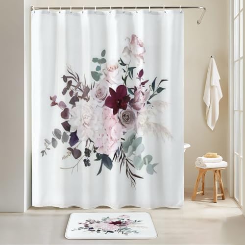 4 Pieces Dusty Pink Shower Curtain Set with Non-Slip Rugs