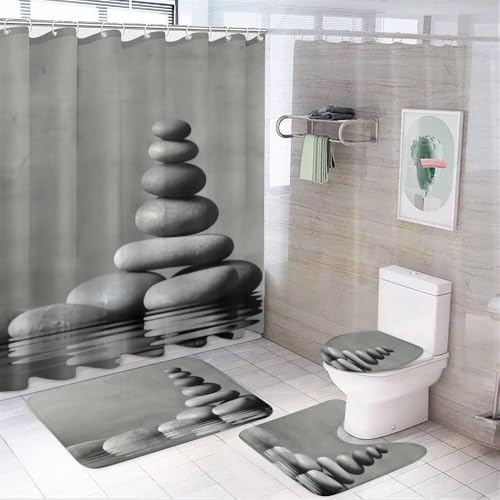 Kuizee 4-Piece Grey Shower Curtain Set with Non-Slip Rugs