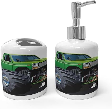 Ambesonne Giant Monster Truck Soap Dispenser Toothbrush Holder Set 2 Pcs Green Grey