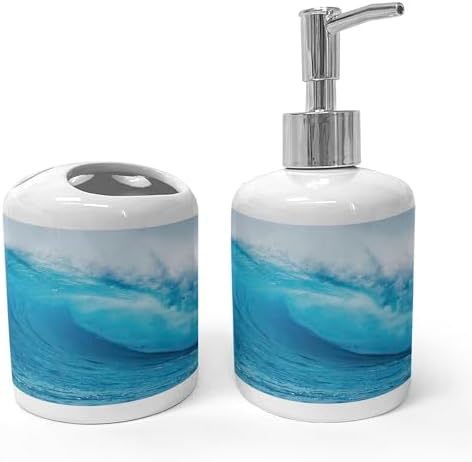 Ambesonne Ocean Soap Dispenser Toothbrush Holder Set 2 Pcs Aqua White