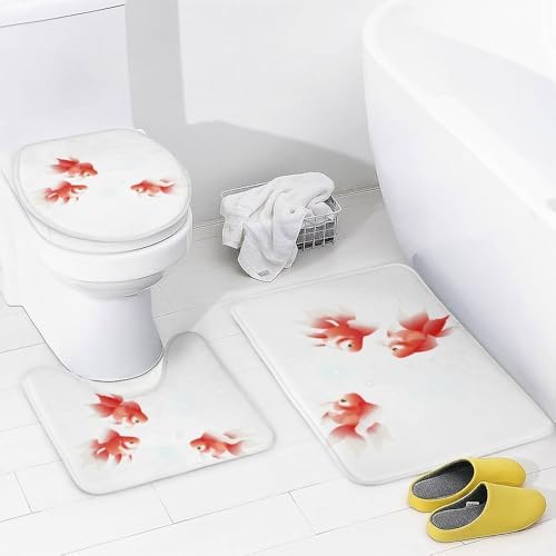 Kuizee 4-Piece Shower Curtain Set with Rugs Red Goldfish Design