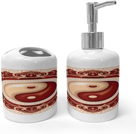 Ambesonne Ying Yang Soap Toothbrush Holder Set 2 Pcs Maroon Cream White