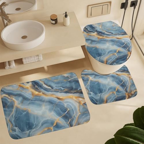 Kuizee 4-Piece Shower Curtain Set with Marble Granite Rugs
