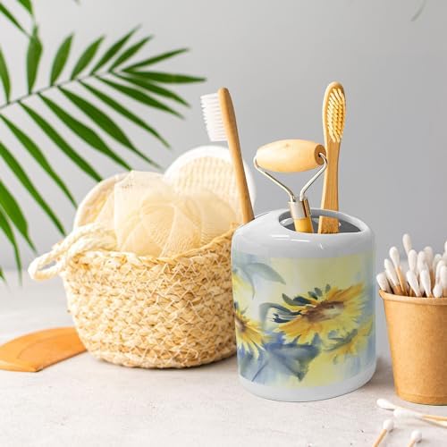 Ambesonne Floral Soap Dispenser and Toothbrush Holder Set Blue Grey Pale Yellow