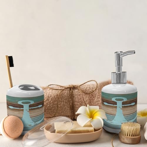 Ambesonne Anchor Soap Dispenser Toothbrush Holder Set Pale Blue Brown Teal