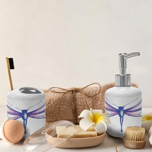 Ambesonne Dragonfly Ceramic Soap Dispenser Toothbrush Holder Set 2 Pcs