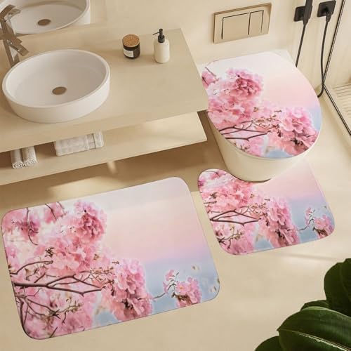 Kuizee 4 Piece Shower Curtain Set with Rugs Pink Floral Design