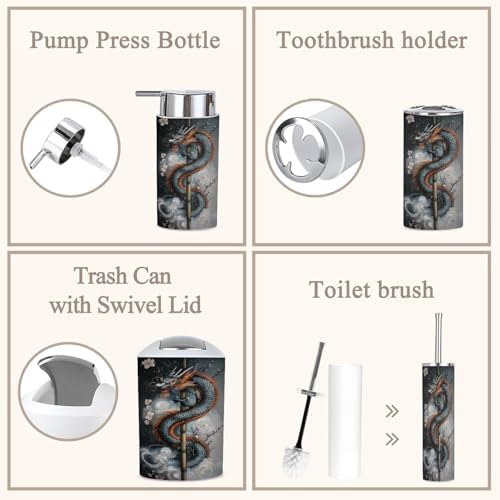 6 Piece Bathroom Accessories Set with Dragon Plum Blossoms Design
