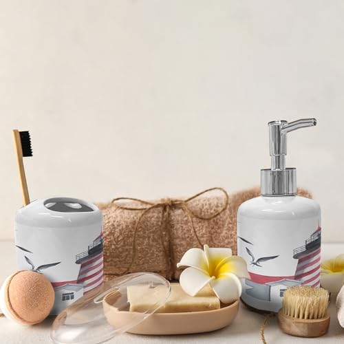 Ambesonne Lighthouse Soap Dispenser Toothbrush Holder Set 2 Pcs Red Grey White