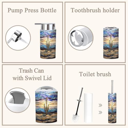 6 Piece Bathroom Accessories Set with Desert Landscape Cactus Design