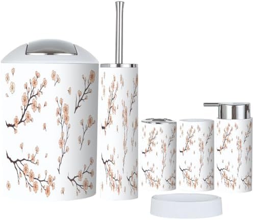 TRANQDEHOM 6-Piece Bathroom Accessory Set with Cherry Blossom Design