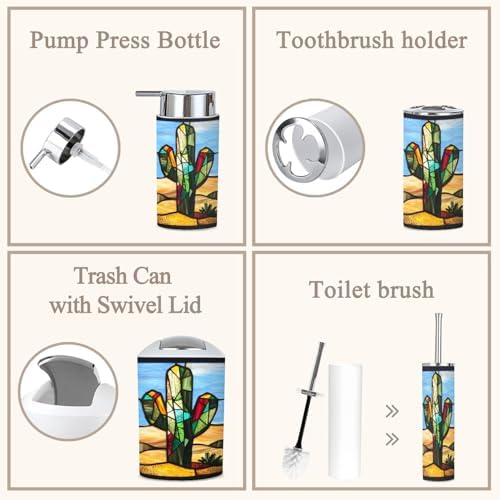 6 Piece Bathroom Accessories Set Stained Glass Cactus Decor