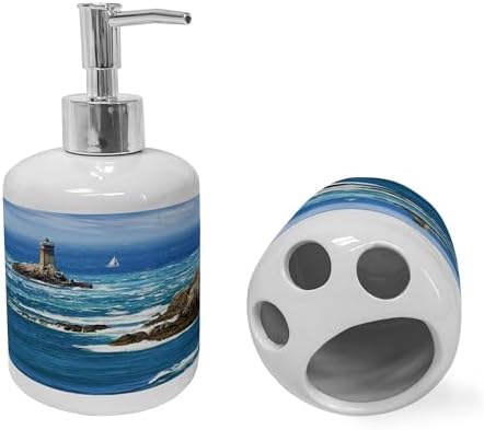 Ambesonne Lighthouse Soap Toothbrush Holder Set Ceramic 2 Pcs Blue Grey White