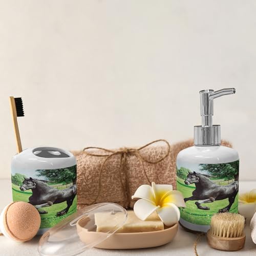 Ambesonne Horses Soap Dispenser Toothbrush Holder Set 2 Pcs Black Green 1