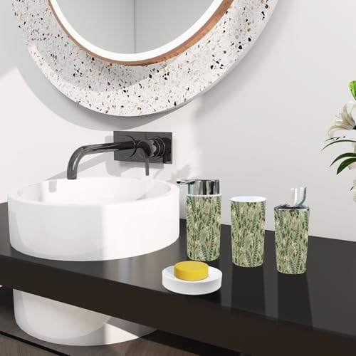 Boho Bathroom Accessory Set 6 Piece White Flowers Fern Leaves