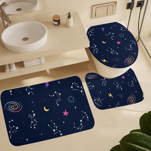 Kuizee 4-Piece Shower Curtain Set with Rugs - Zodiac Constellation Design