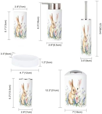 Boho Bathroom Accessory Set 6 Piece with Cute Bunnies and Flowers