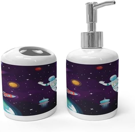 Ambesonne Universe Soap Dispenser Toothbrush Holder Set Ceramic Dark Purple