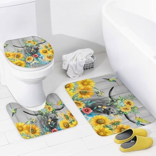 Kuizee 4-Piece Sunflower Bath Set with Shower Curtain and Rugs