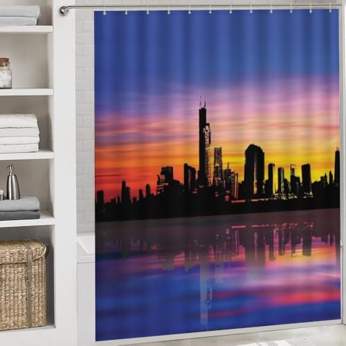 Kuizee 4-Piece Shower Curtain Set with Rugs Modern City Sunset Silhouette