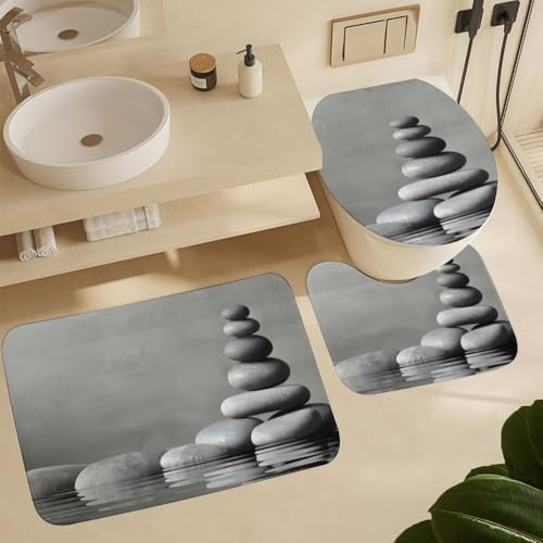 Kuizee 4-Piece Grey Shower Curtain Set with Non-Slip Rugs