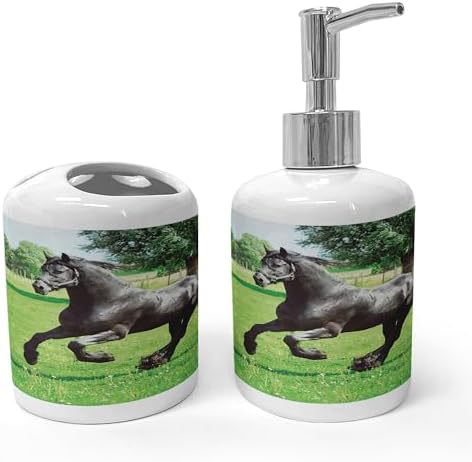 Ambesonne Horses Soap Dispenser Toothbrush Holder Set 2 Pcs Black Green 1