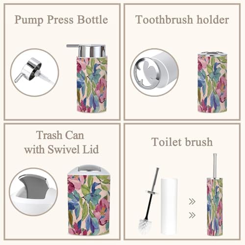 6-Piece Boho Bathroom Accessories Set with Tropical Flowers
