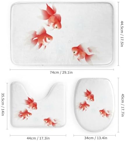 Kuizee 4-Piece Shower Curtain Set with Rugs Red Goldfish Design