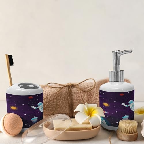 Ambesonne Universe Soap Dispenser Toothbrush Holder Set Ceramic Dark Purple