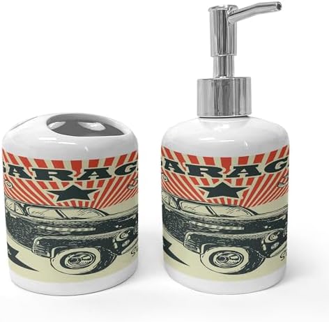 Ambesonne Ceramic Soap Toothbrush Holder Set Retro Advertising Poster Style Emerald Orange