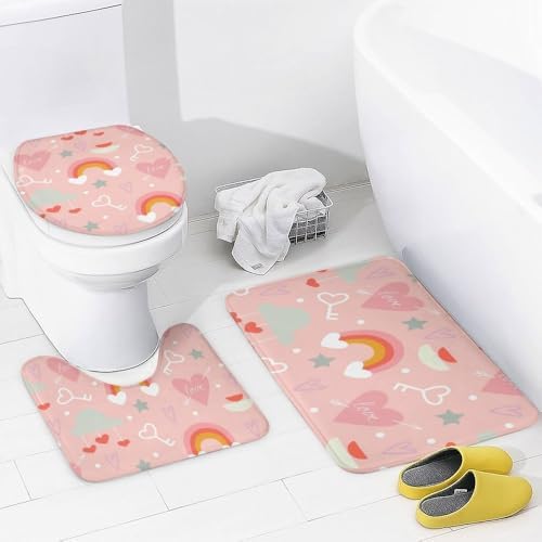 Kuizee 4-Piece Shower Curtain Set with Rugs - Happy Valentine Pink