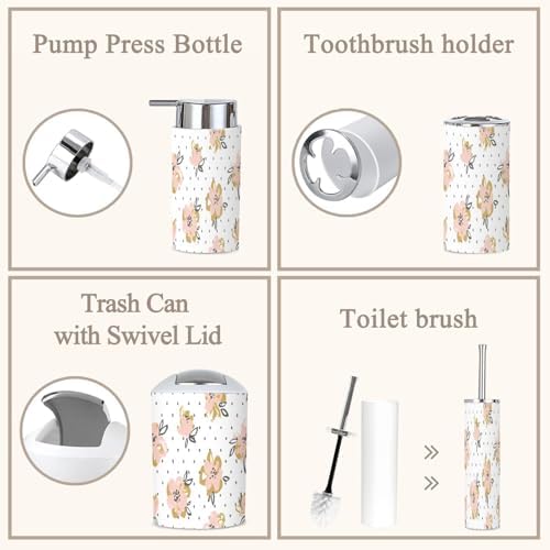 6 Piece Bathroom Accessory Set Pink Gold Floral Design