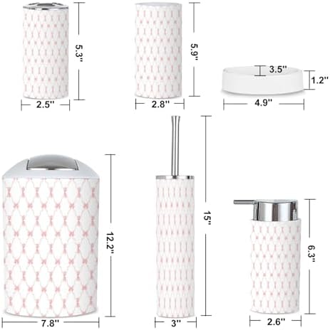 6 Piece Boho Bathroom Accessories Set with Pink Trellis Design