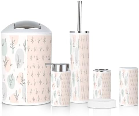 6 Piece Boho Bathroom Accessories Set with Hand Drawn Floral Design