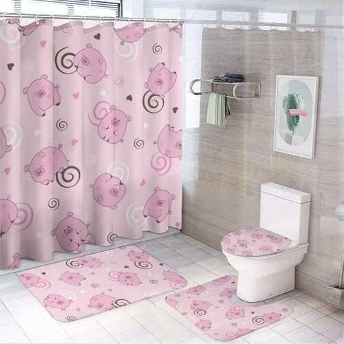 Kuizee 4-Piece Pig Spiral Pink Shower Curtain Set with Non-Slip Rugs