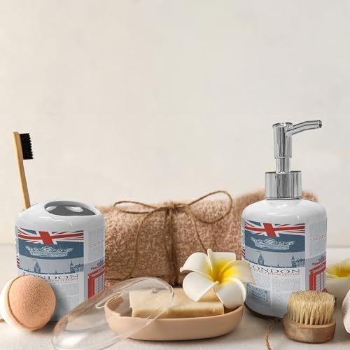 Ambesonne Phone Booth Soap Dispenser Toothbrush Holder Set London Themed Ceramic