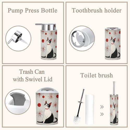 6 Piece Bathroom Accessories Set with Cats Print 1