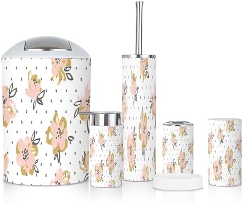 6 Piece Bathroom Accessory Set Pink Gold Floral Design