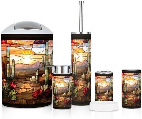 6 Piece Boho Bathroom Decor Set with Cacti Design