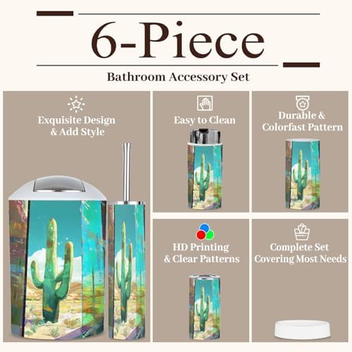 6-Piece Boho Bathroom Accessories Set with Cactus Design